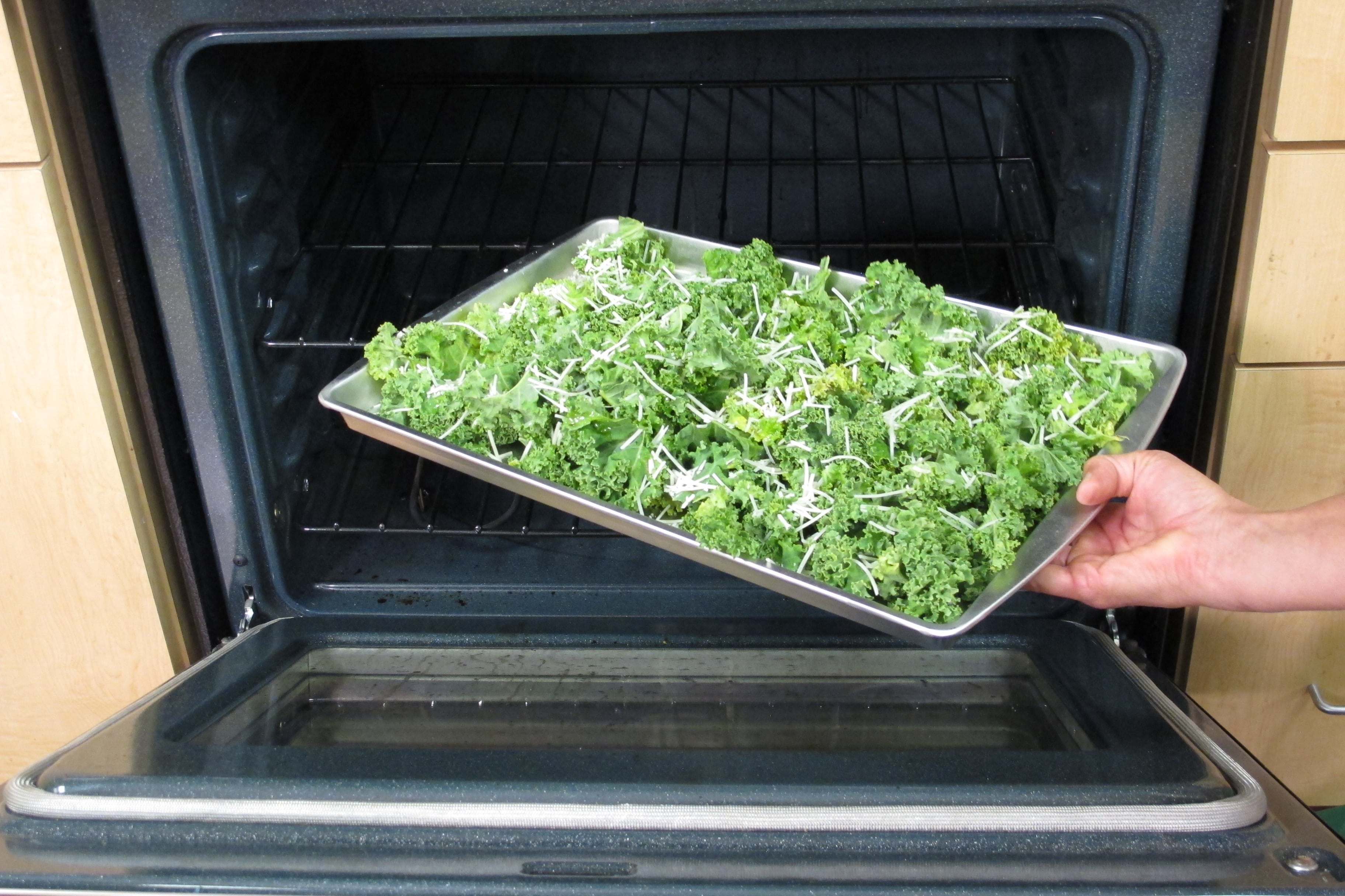 Bake at 400°F for 10–15 minutes or until kale is crisp and edges are brown but not burned.
